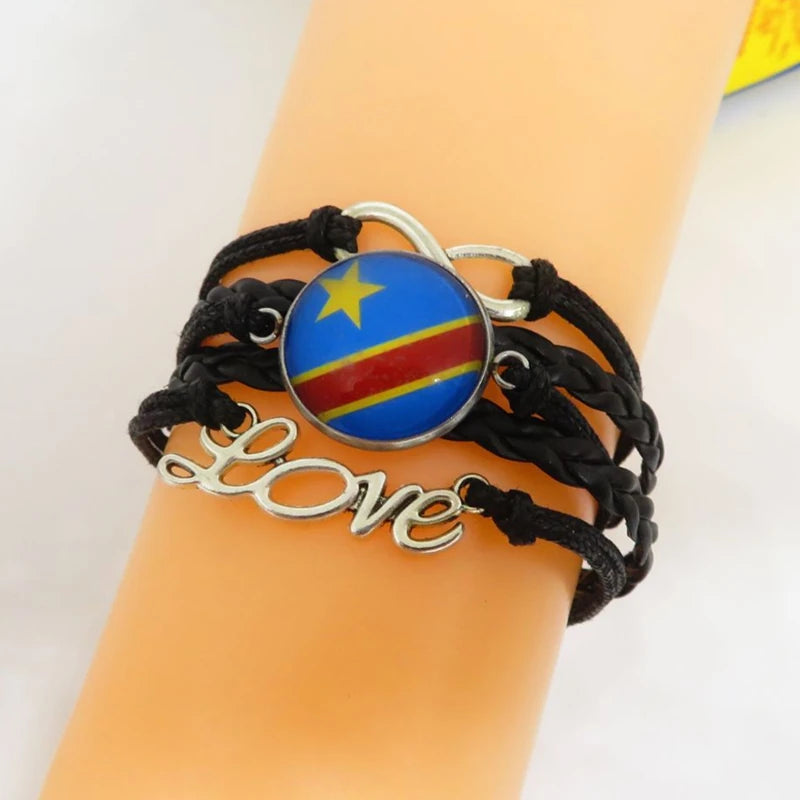 Love Congo Flag Leather Bracelet Charm Congo Girls Glass Beads Bracelets For Women And Men Gift