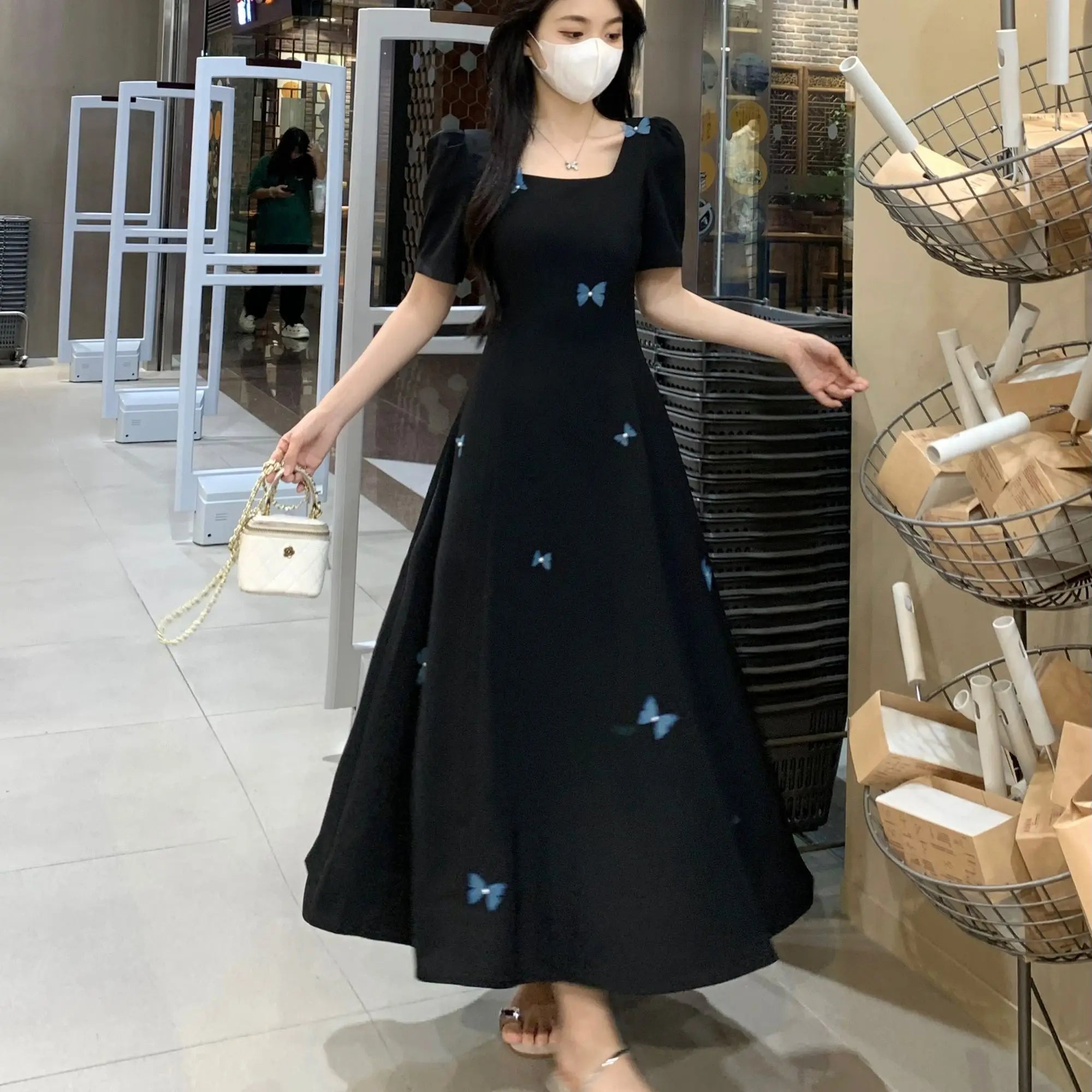 Square-neck Elegant Little Black Dress for Women New Summer French Versatile Style