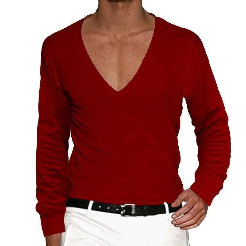 2025 Men's T-Shirt Summer Shirts Low Cut Deep V Neck Comfortable Shirt Tops Men's Long Sleeve Casual Pullover Sexy Slim Fit Tees