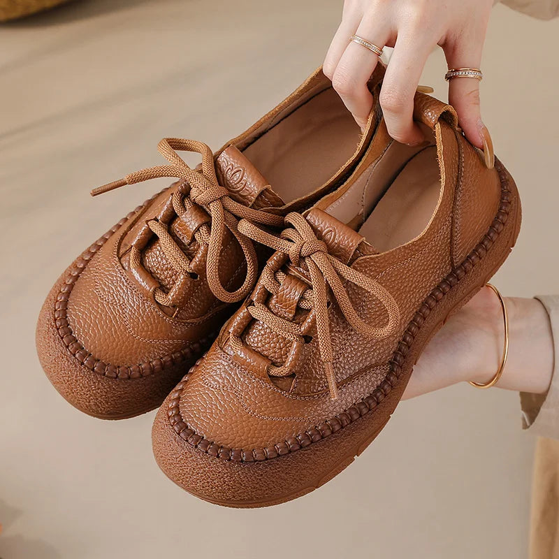 Neue handgemachte Damenschuhe aus echtem Leder, Ganzjahresschuhe, Oxfords, flache Damenschnürschuhe, gemütliche Mokassins, runde Ballerinas