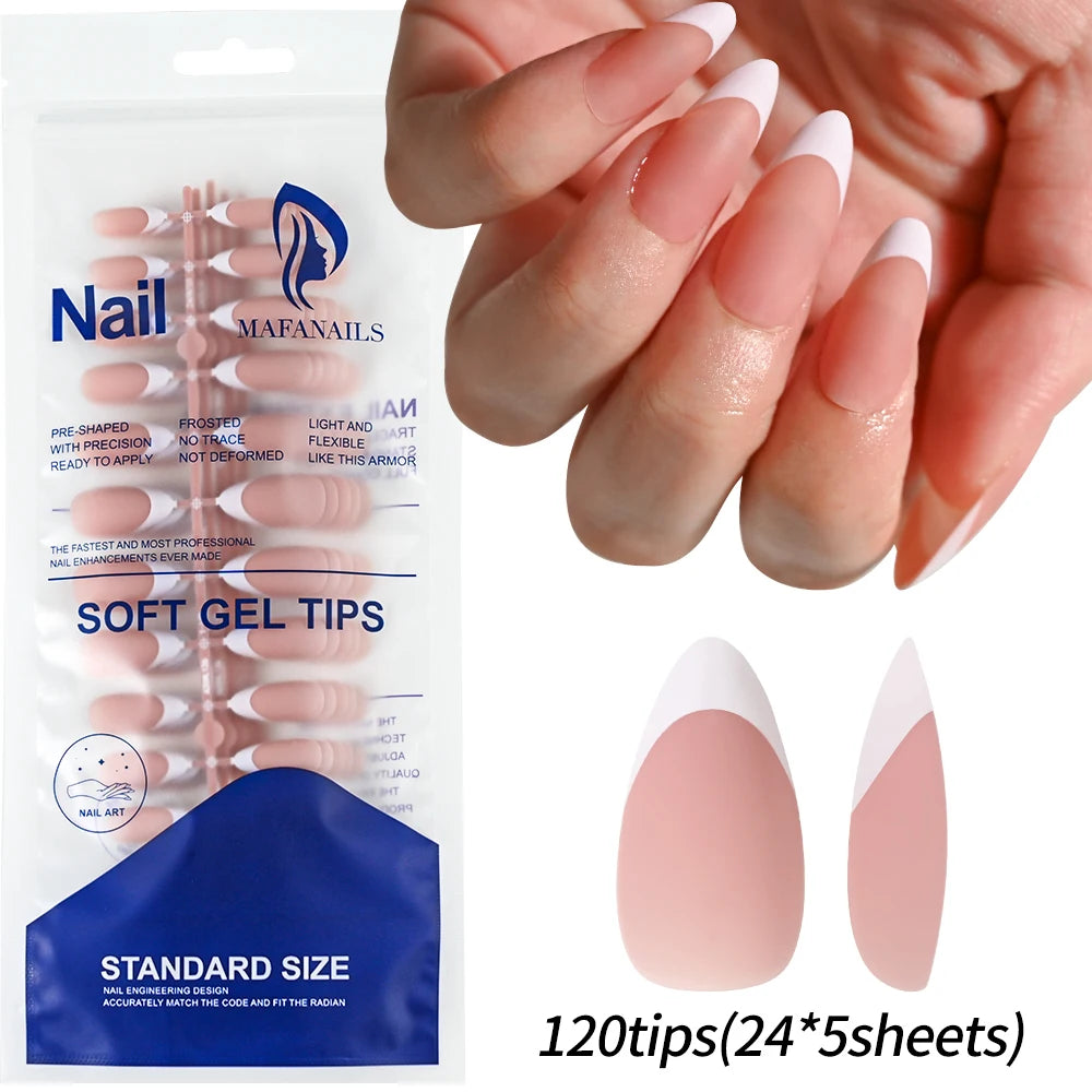 French Gel Nail Tips - 120Pcs French Tip Press On Nails Medium Coffin Ballet Almond Pre-applied Full Fake Nail Tips For Manicure
