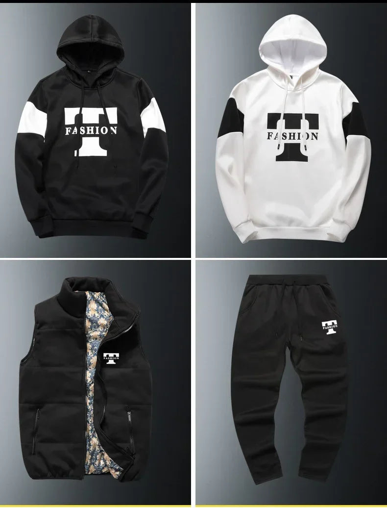 3 Pieces Set Hoodies+Vest+Pants Casual Men's Track Suit Clothing Coats Winter Thick Warm Tracksuit for Men Printed Mens Set Vest