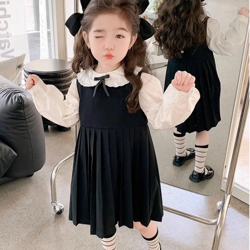 Girls Pleated Dress Kids Japanese Korean Preppy Style Princess Doll Collar Dresses Baby Dress Primary School Uniforms