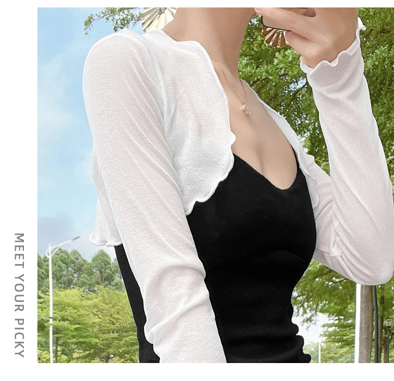 Womens Ruffle Long Sleeve Cropped Evening Shrug Open Front Bolero Tops Cardigan Long Sleeve Short Coat Cover-ups