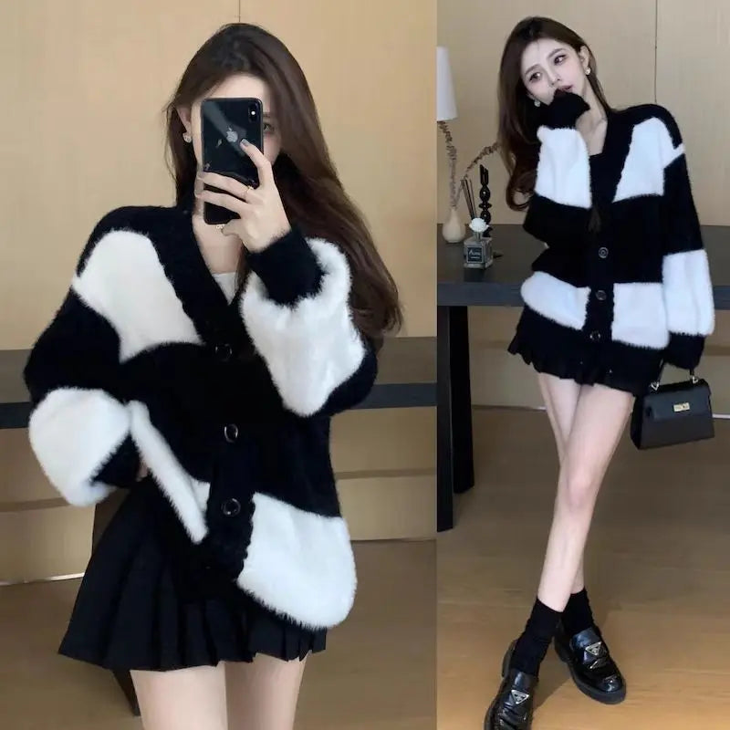 Women Mink Fur Knitted Cardigans Sweaters Autumn Winter Loose Sweet Fashion Stripe Lantern Sleeve Thicken Contrast Color Coats