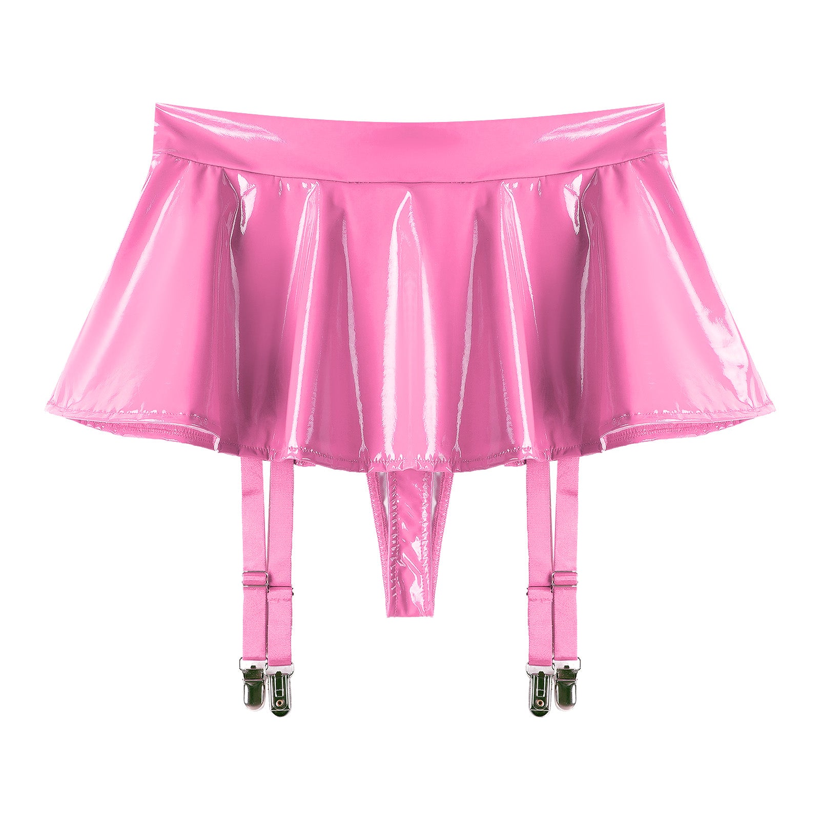 Sexy Damen Wetlook PVC Leder Rüschenröcke Party Low Waist Eingebaute Strings Minirock mit Strumpfhalter Metallclips Set Club