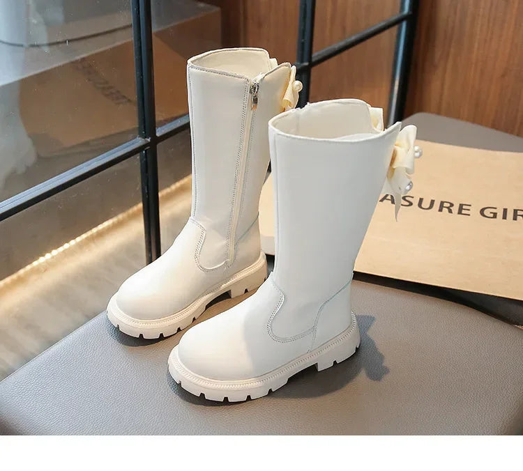 Knee Length Boots Children Shoes New 2024 Autumn Winter Fashion High Top Student Shoes Girls Princess Shoes with Bow Kids Boots