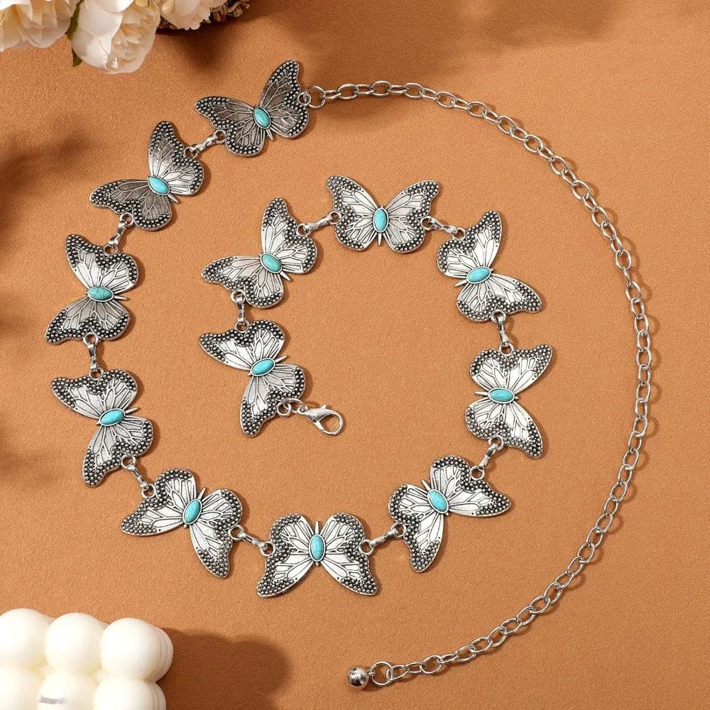 Women Boho Chain Belts for Jeans Dresses Western Silver Concho Waist Chain Belt for Women Adjustable Metal Cowgirl Belt