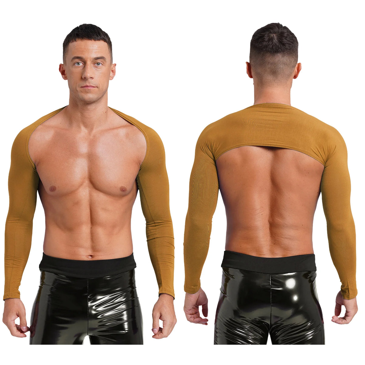Men Open Front Half Crop Top Solid Long Sleeve Cardigan Bolero Shrug Tops Muscle Arm Sleeves Workout Sports Gym Tops Clubwear