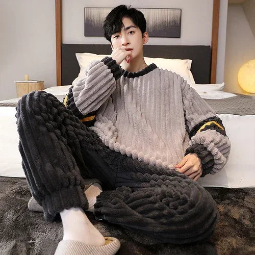 2024 Winter Men Fleece Casual Long Sleeve Pajamas Set Coral Velvet Cute Cartoon Sleepwear Male Plush Thicken Warm Homewear
