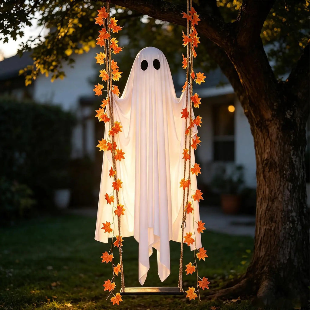 Halloween Swing Ghost Decoration Outdoor Hanging Ghost With LED String Lights Cute Large Ghost Swing Ornament For Garden Yard