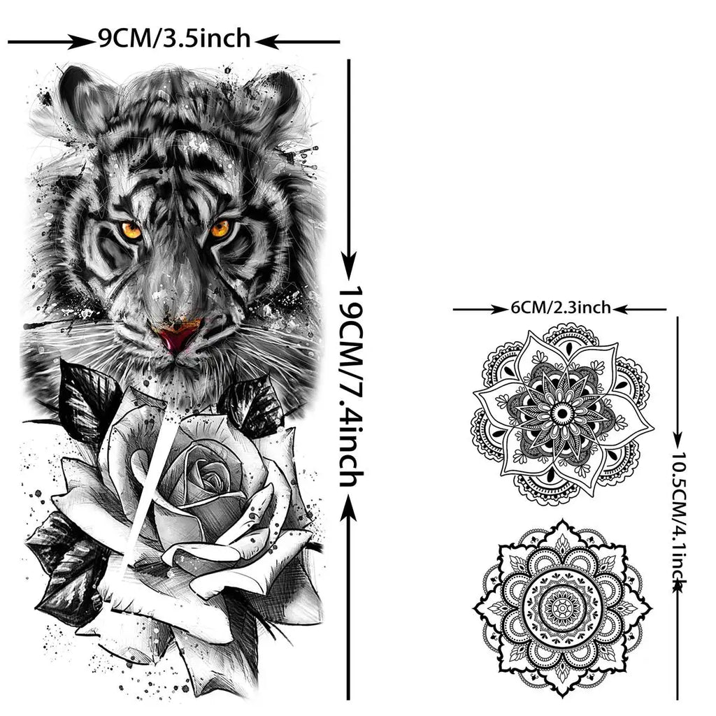 67 Sheets Black Realistic Flower Temporary Tattoos For Women Arm Thigh, 3D Rose Peony Floral Temp Tattoo Stickers Tiger Moon,