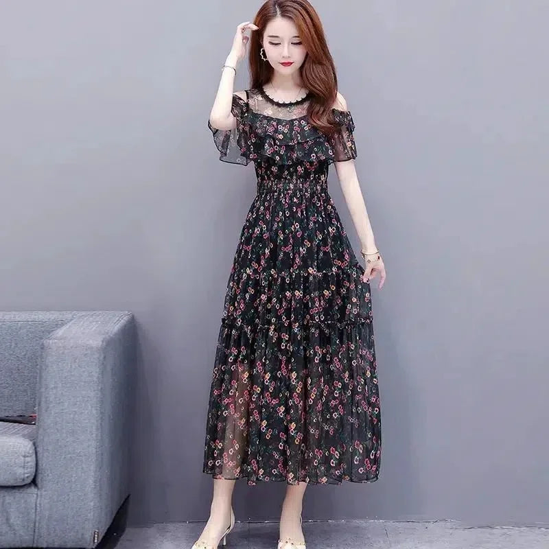 Mesh Chiffon Floral Print Dress Women 2024 New Summer Bohemian Beach Dress Long Off Shoulder Sexy Lady Party Dresses Vestidos