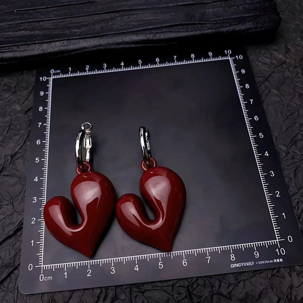 Vintage Wine Red Acrylic Heart Shaped Pendant Earrings For Women Fashion Handmade Round Hoop Earrings Party Jewelry