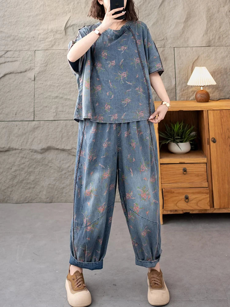 AmaxluluE 2025 Summer Women Denim Suits Loose Printed Two Pieces Sets Floral Outfit O Neck Tops Tees Vintage Jeans Fashion Pants