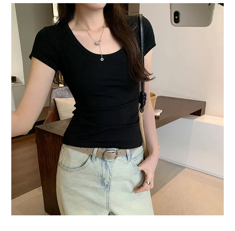 Spring Summer New Short Sleeve T-Shirt Women Solid Simple Casual Soft All-Match Hot Basic Slim Tops Tees Summer Fashion 2026