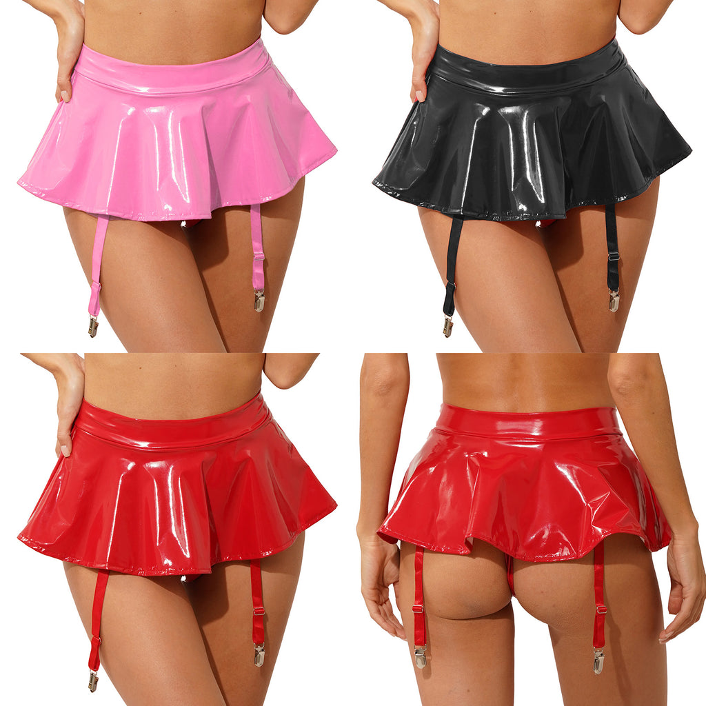 Sexy Damen Wetlook PVC Leder Rüschenröcke Party Low Waist Eingebaute Strings Minirock mit Strumpfhalter Metallclips Set Club