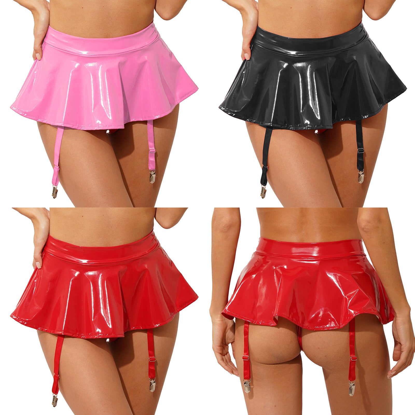 Sexy Damen Wetlook PVC Leder Rüschenröcke Party Low Waist Eingebaute Strings Minirock mit Strumpfhalter Metallclips Set Club