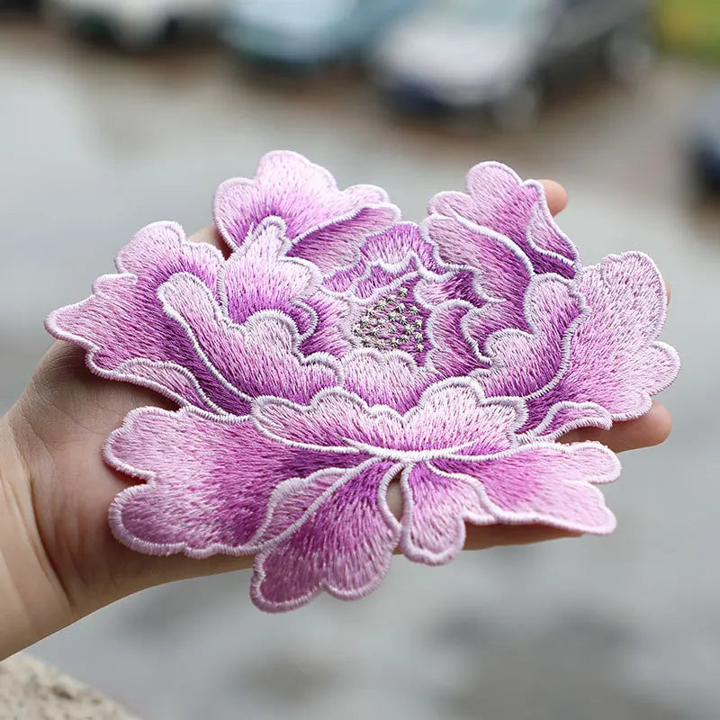 1 Piece 14.5*13cm Blue Pink Yellow Red Peony Embroidery Patch Applique Sew on Patch for Evening Dress Bag DIY Glue-free