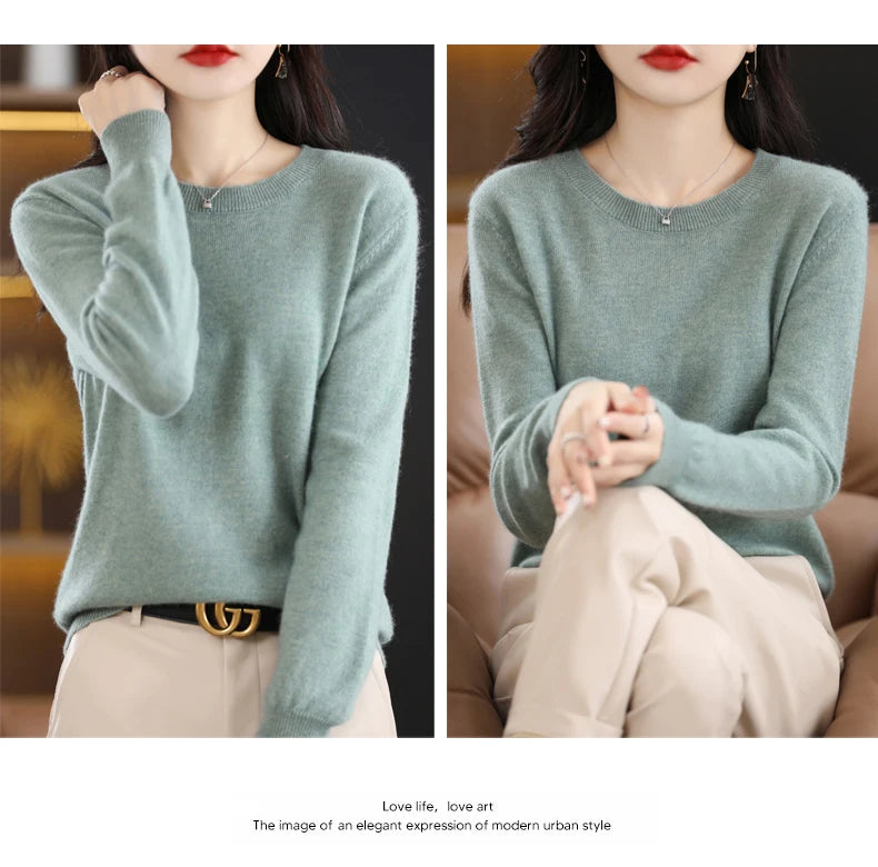 Women 100% Merino Wool Sweater O-Neck Long Sleeve Cashmere Knitwear Pullover Aliselect Fashion Autumn Winter Clothing Tops