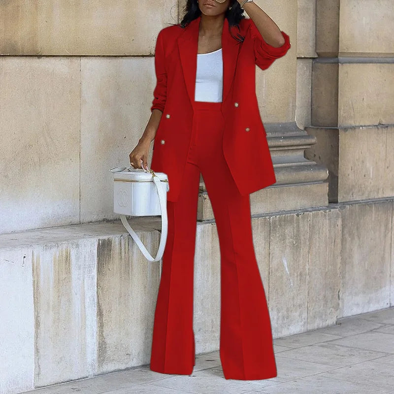 Fashion Wide-leg Trousers Women Blazer Set Autumn Winter Double-breasted Long Suit Coat Trousers Female Suit Office 2-piece Set