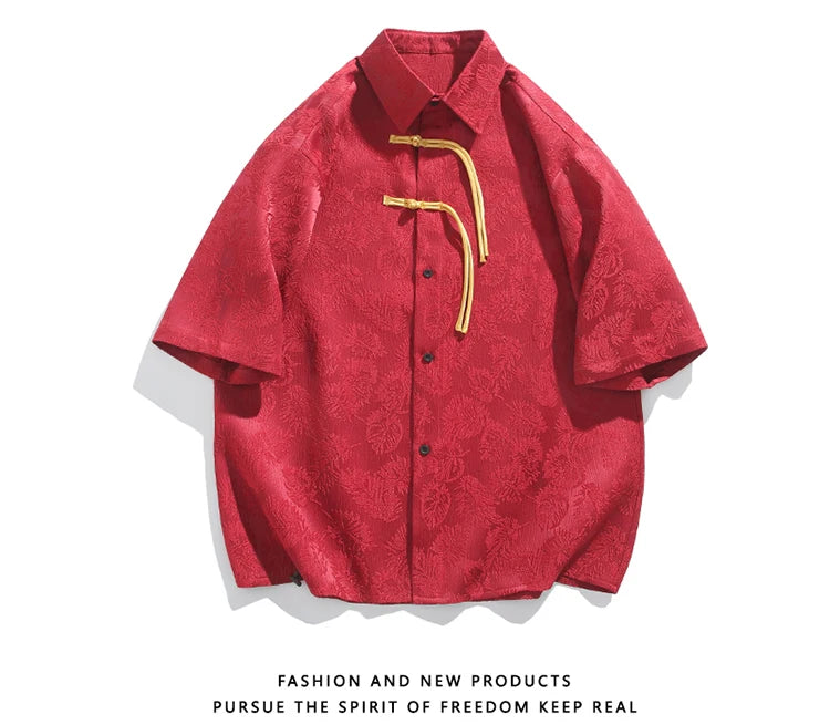 2024 Men Chinese Style Shirt Mens Tang Dress Hanfu Half-Sleeve Shirt Male Printing Kung Fu Outfit Loose Casual Tops