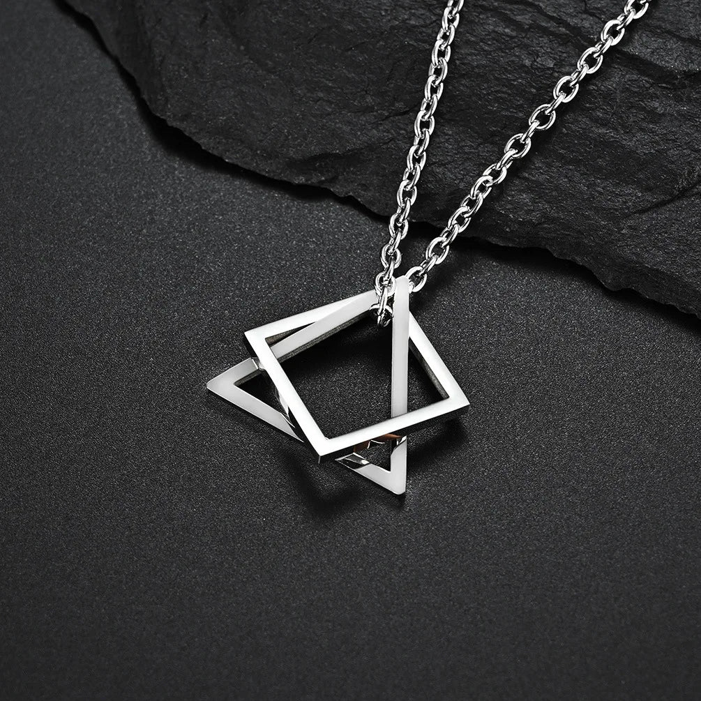 Geometry Interlocking Square Triangle Male Pendant for Men Stainless Steel Modern Trendy Geometric Stacking Streetwear Necklace