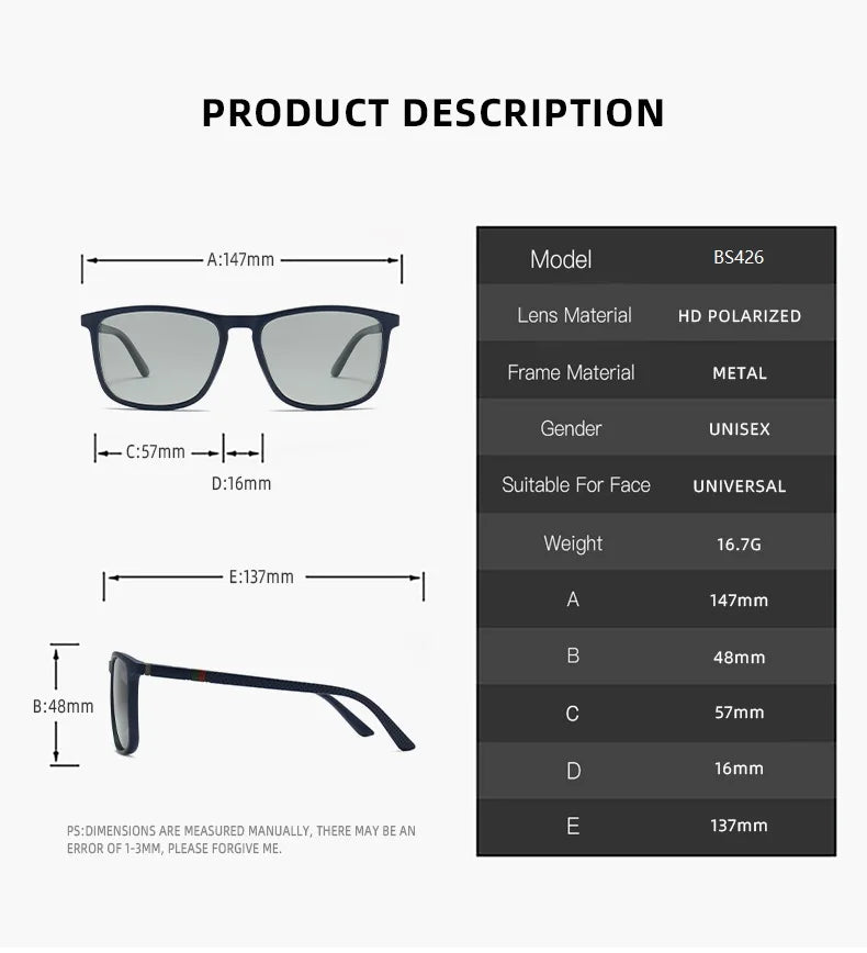 Fashion Photochromic Polarized Vintage Sunglasses Men Women Square Brand Designer Sun Glasses Man Driving Fishing Eyewear