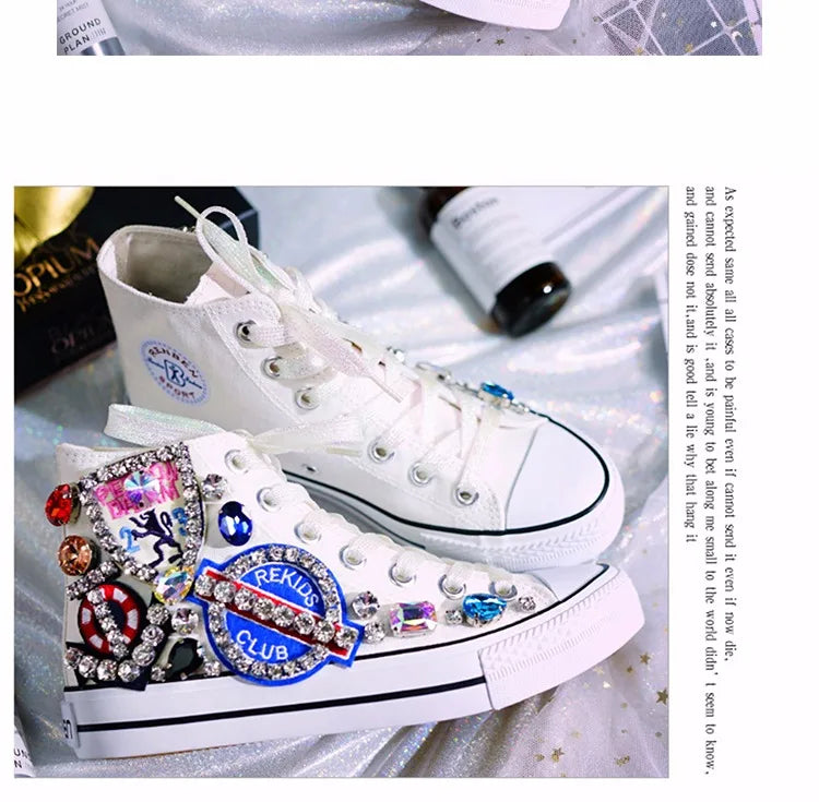 Woman Canvas Shoes Flat Platform Loafers Vulcanize Shoes Women Casual Classic Designer Brands Handmade Diamond Sneakers