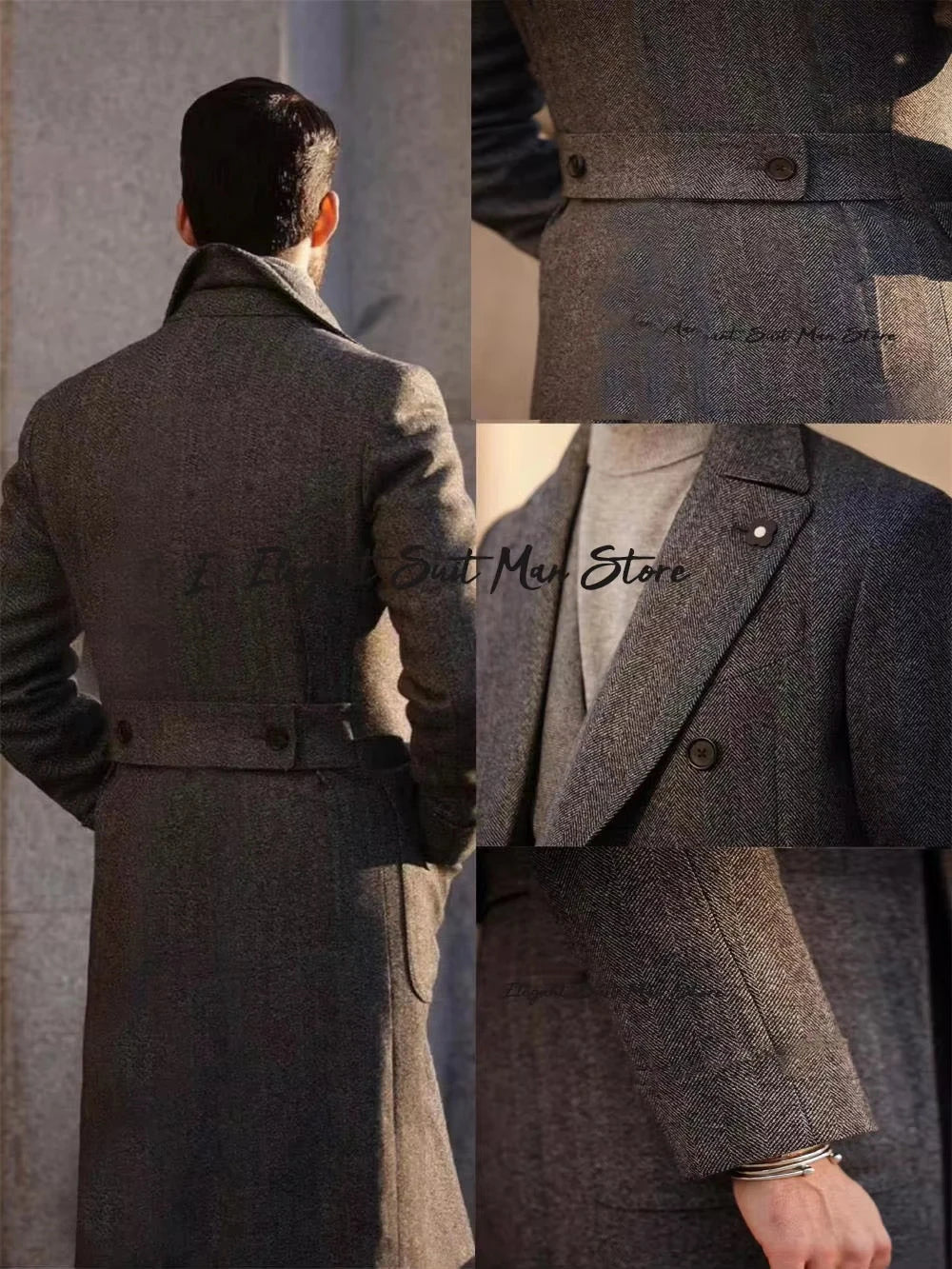 Italian herringbone wool men's long business coat Autumn winter Double breasted classic suits Long coats