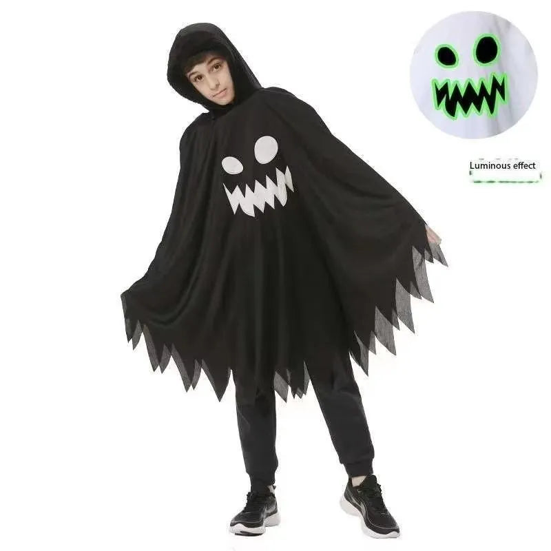 Halloween Costume Ghost Hooded Cape Luminous Glow Face Cloak Black White Ghost Costume For Trick Or Treat Carnival Party Cosplay