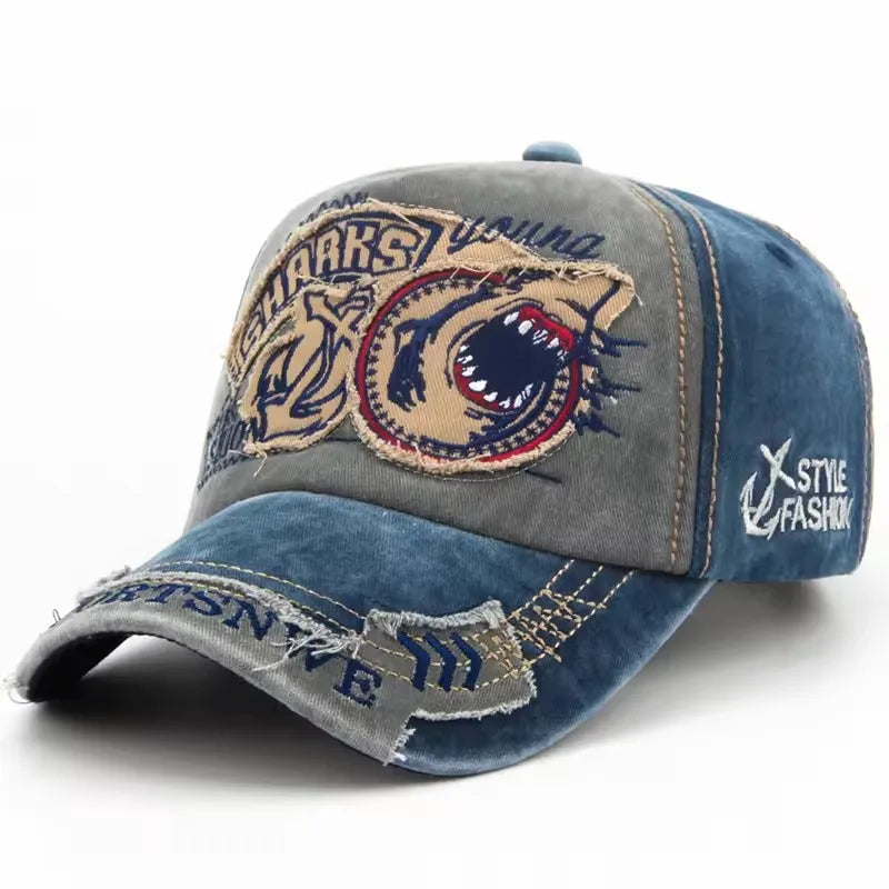 Four Seasons Washed Vintage Distressed Curvy Brimmer Cap Men's Women's Fashion Patch Shark Embroidery Sun Cap Adjustable