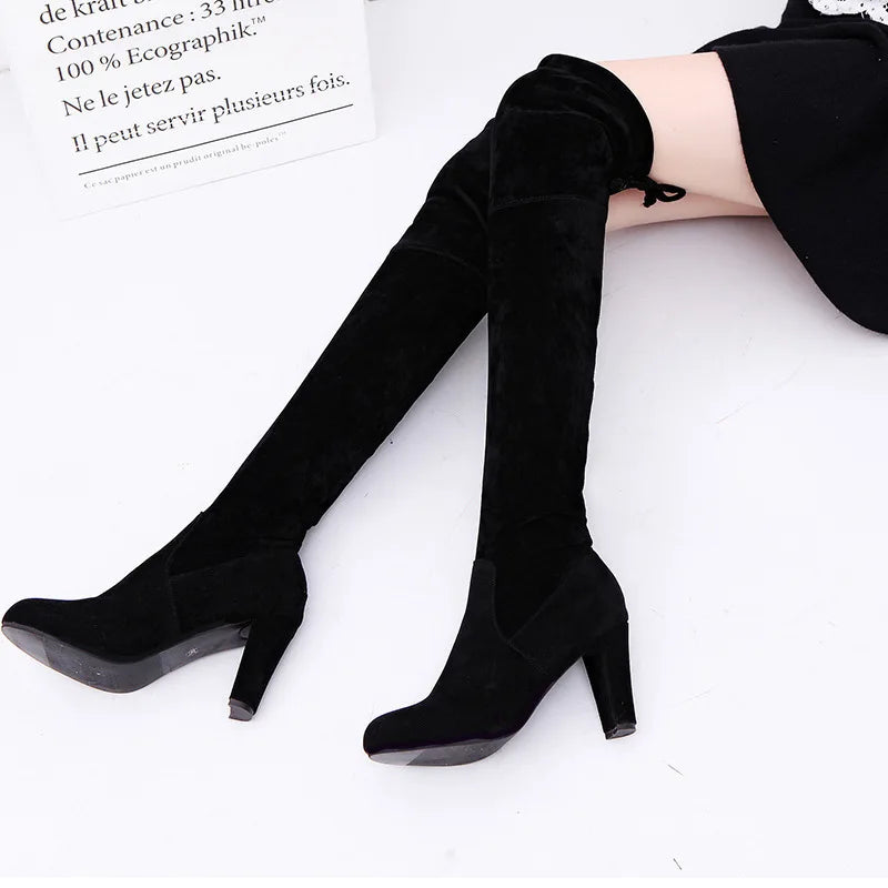 Suede Female Heels Autumn/ winter Zipper Elastic Knee-high Boots for Women Tube Lace-up Thigh Boots Black Botas