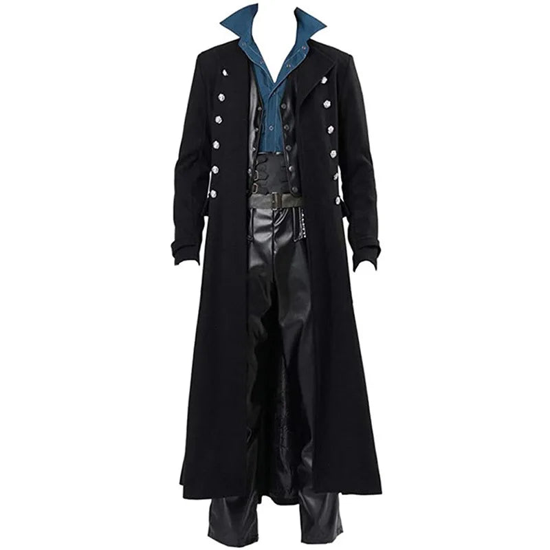 Men Gothic Trench Medieval Steampunk Retro Coat Double-breasted Trim Solid Men's Lapel Coats Vintage Long Jackets