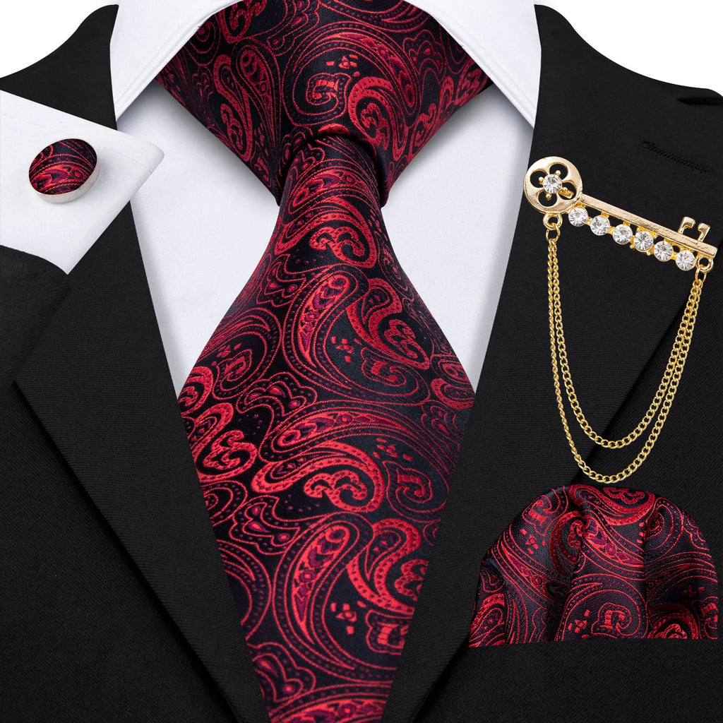 Burgundy Mens Tie Hanky Cufflinks Brooch Set Jacquard Red Wine Maroon Necktie Collar Pin For Male Wedding Events