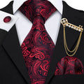 Burgundy Mens Tie Hanky Cufflinks Brooch Set Jacquard Red Wine Maroon Necktie Collar Pin For Male Wedding Events
