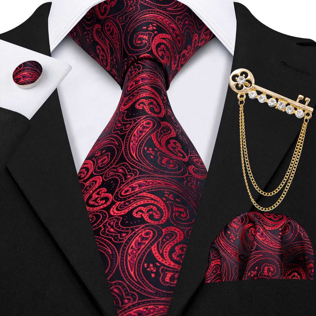 Burgundy Mens Tie Hanky Cufflinks Brooch Set Jacquard Red Wine Maroon Necktie Collar Pin For Male Wedding Events