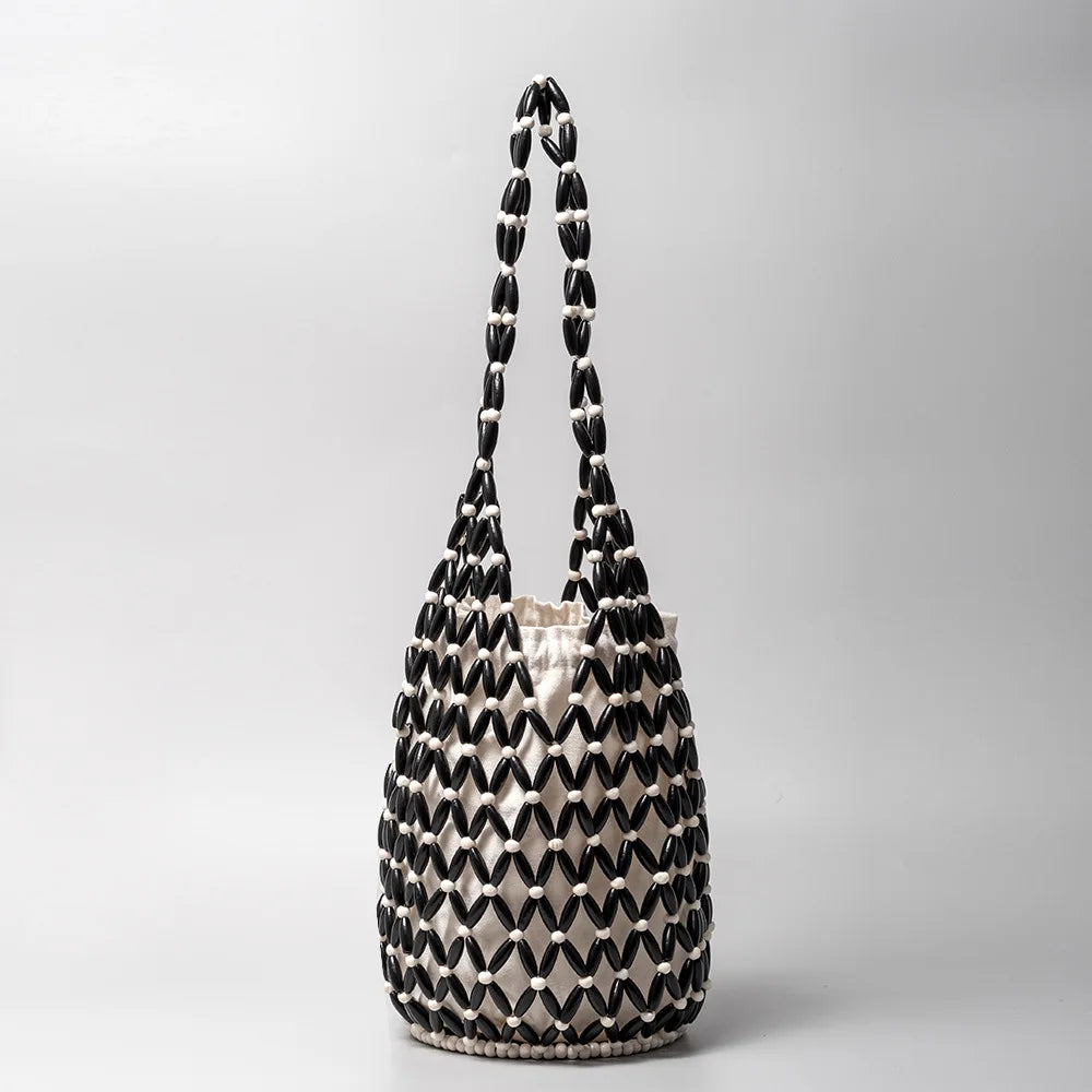 Summer Boho Style Hollow Out Woven Bag for Women Fashion Wooden Beads Shoulder Bag Seaside Holiday Mesh Bucket Tote Bags Bolsa