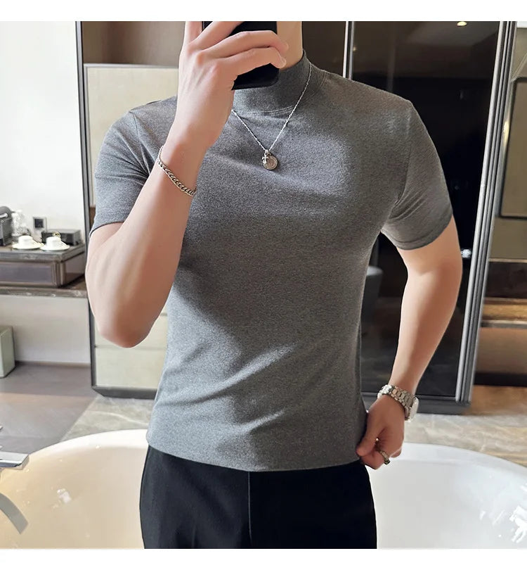 Spring Summer Men's Half High Neck Short Sleeve T-shirt Korean Slim Fit Solid Color Bottom Shirt Casual Cotton Elastic T-shirts
