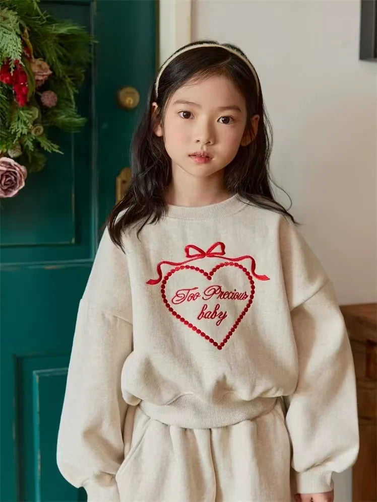 2026 Spring New Children Long Sleeve Clothes Set Baby Girls Heart Embroidery Sweatshirt + Pants 2pcs Suit Kids Sports Outfits