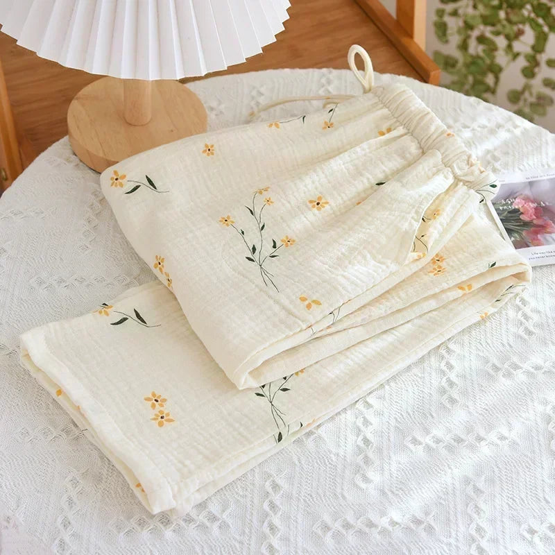 Spring New Pajamas Pants for Women Crepe 100% Cotton Loose Casual Straight Trousers Home Clothes Checkerboard Sleep Pants