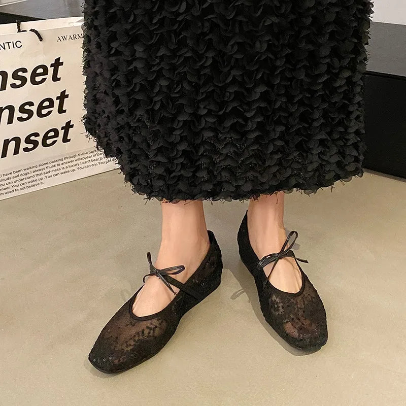 Mesh lace inner heightening women's shoes 2025 summer new sexy square head shallow breathable ballet shoes bow flat shoes