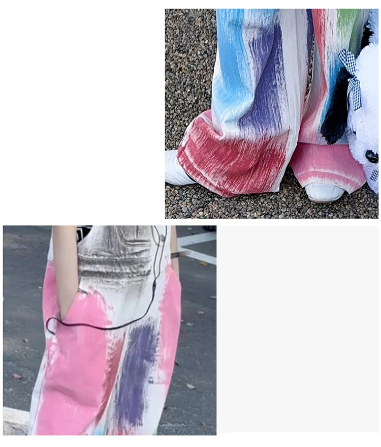 Child Stylish Denim Jumpsuit Dungarees with Drawings for Girl High Fashion Streetwear Suspender Overall Kids Colored Strap Jeans