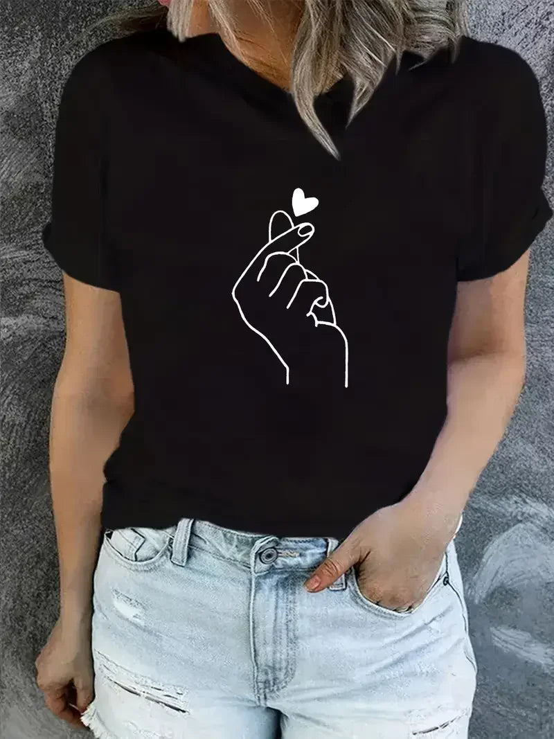 90er-Jahre-Finger-T-Shirt mit Herzmotiv, kurzärmeliges T-Shirt mit Rundhalsausschnitt, lässiges Oberteil für den Sommer, Frühling, Damenbekleidung, Top-T-Shirt