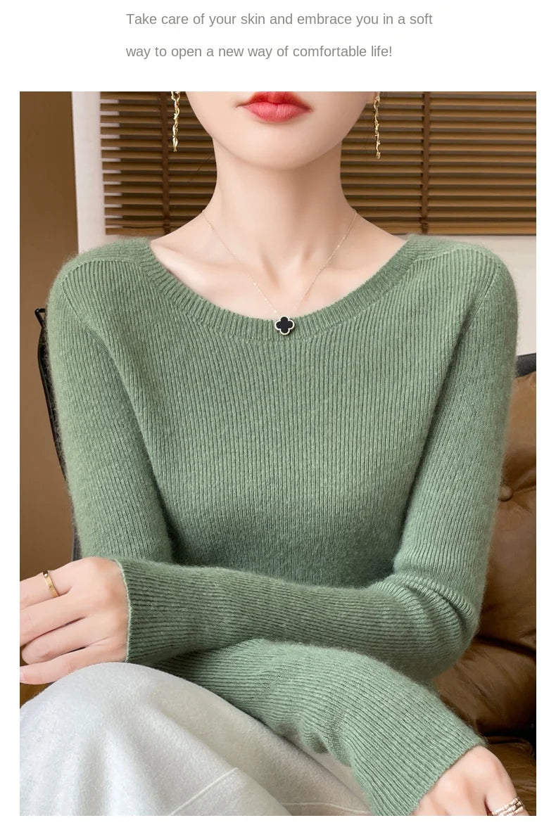 Early Fall New Crew-Neck Sweater Elegant High Elastic Simple Solid Color Thin Knit Crew-Neck Sweater Long Sleeve-GH458