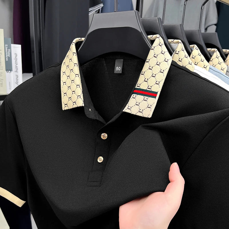 2025 Men's New Luxury High-end Jacquard Collar Lapel T-shirt Breathable Business Casual Top Suitable for Men's Spring and Summer