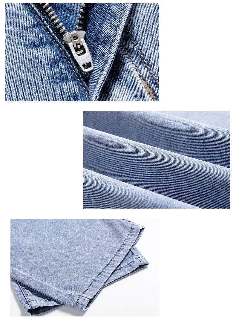 Lyocell Men's Black Jeans Summer Thin Loose Straight Soft Ice Silk Casual business Denim Pants male Elastic Wide Trousers