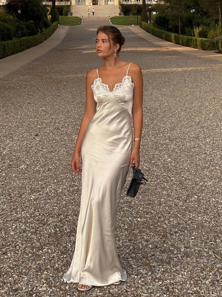 Chic Lace Patchwork Sling Maxi Dress Women Sexy V-neck Sleeveless Backless Satin Slim Long Gown Lady Evening Party Dresses 2026