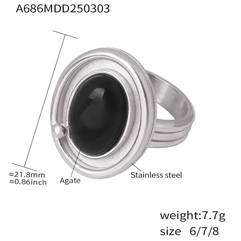 Gothic Style Black Natural Agates Ring for Women High Quality Stainless Steel Gold Plated Large Ring Female Fashion Jewelry