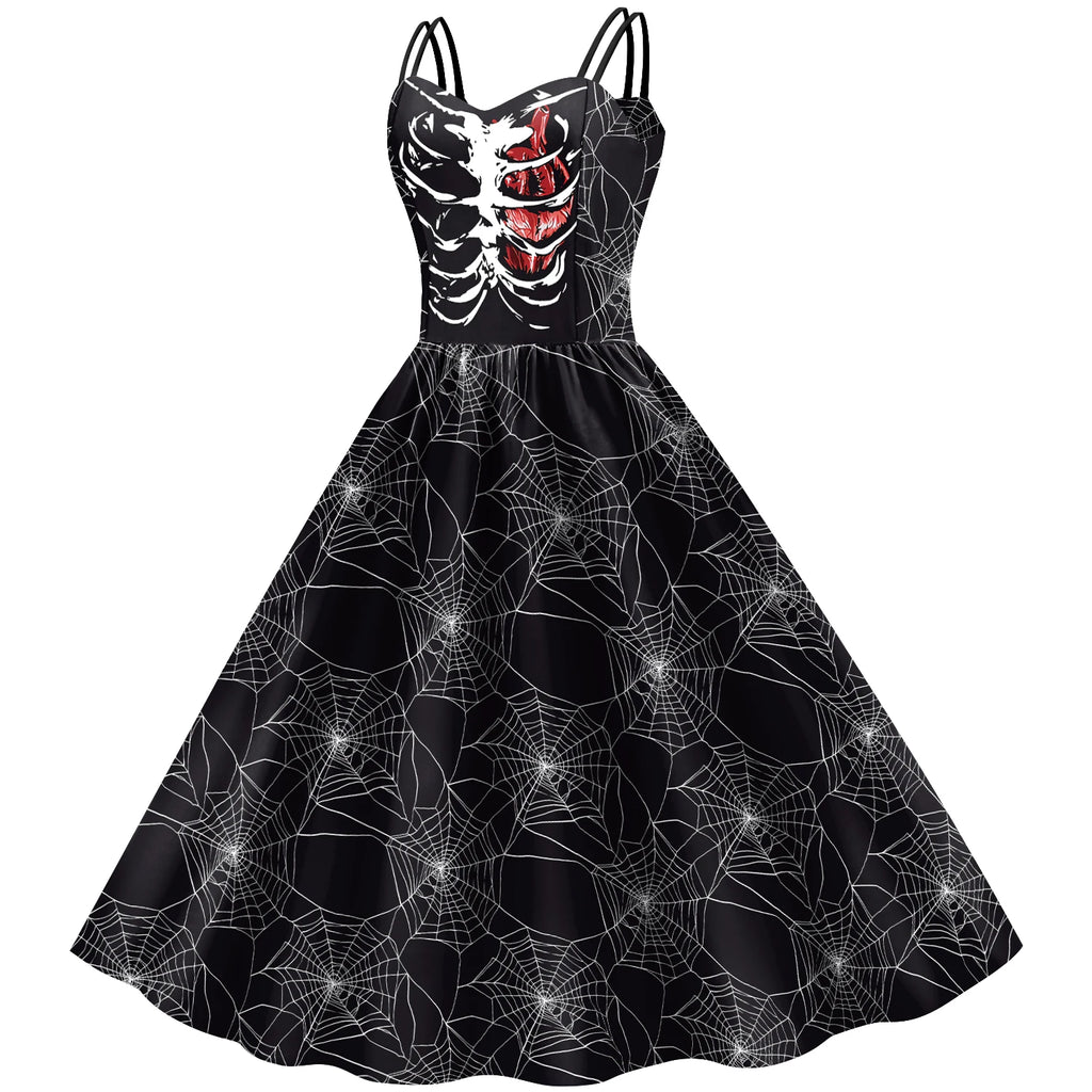 Halloween Gothic Costume Women Strap Swing Dress Skeleton Rib Heart Spiderweb Print Ladies Carnival Masquerade Outfits